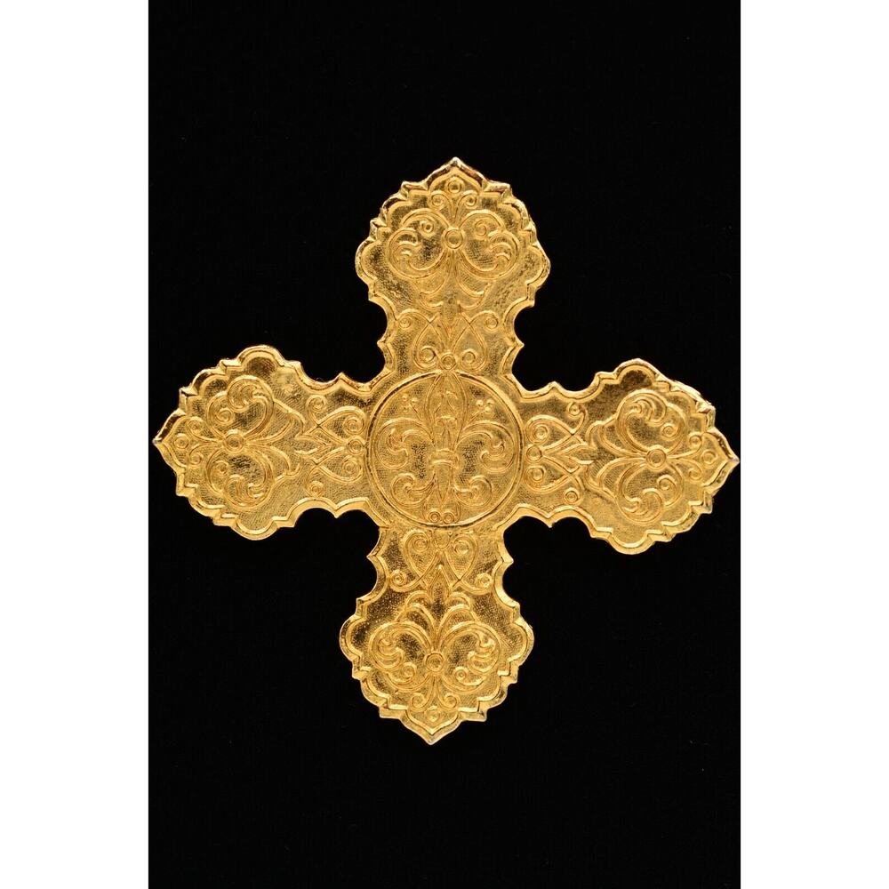 Accessocraft NYC Vintage Cross Pin Brooch Brushed Gold Chunky Signed 1970s BinJ